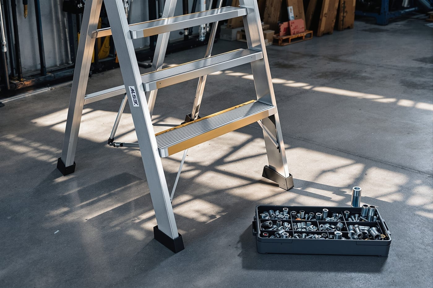 Aluminium folding step ladder with sample bottles and anchor fasteners in a workshop
