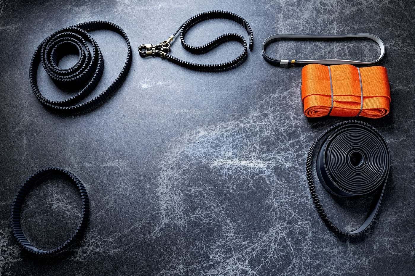 Coiled V-belts, a toothed timing belt, a harvester belt and an orange webbing lifting sling
