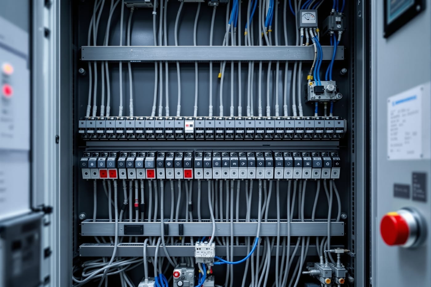 Industrial control panel with circuit breakers, contactors, panel ammeter and emergency stop button