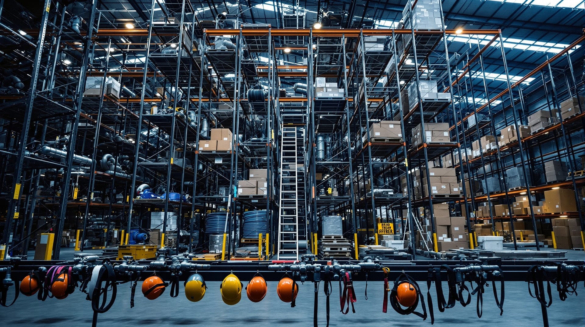 Industrial supply warehouse racking stocked with valves, fittings, fasteners and safety equipment
