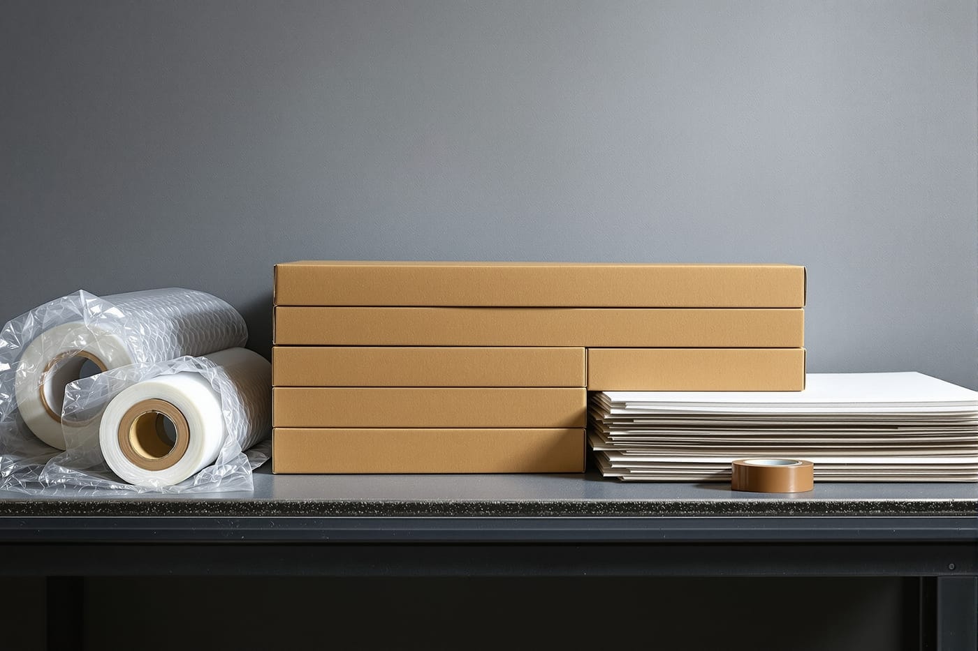 Corrugated cartons, single-face board roll, bubble wrap, foam sheet and packing tape on a despatch bench