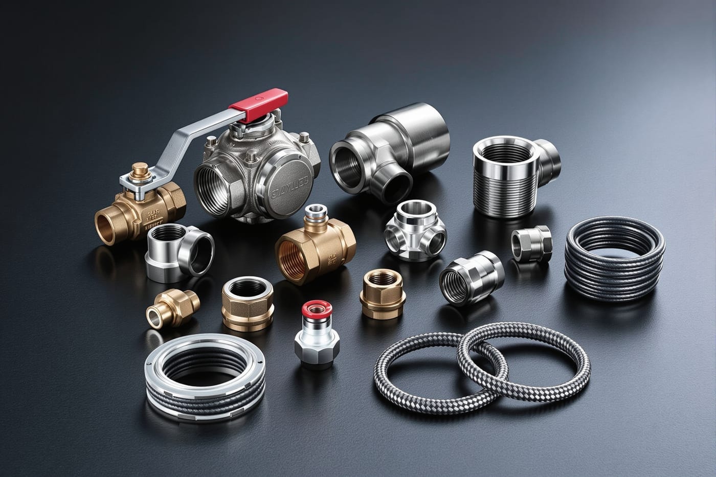 Brass ball valve, butterfly valve, grooved coupling, reducing fittings and gland packing on a steel surface