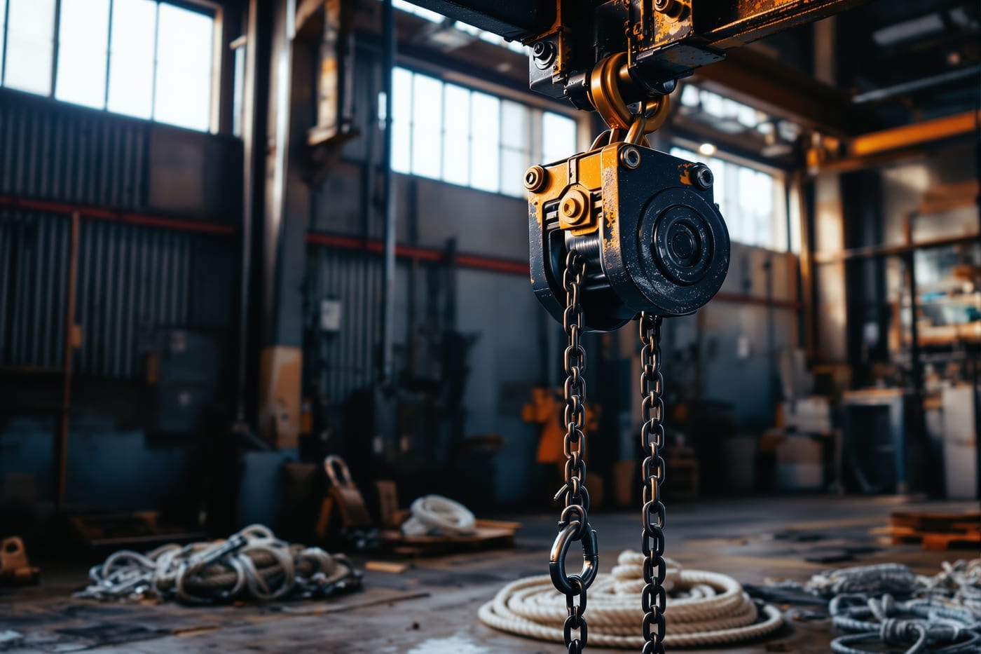 Chain pulley block hanging from a beam with a D-shackle and coiled nylon rope below