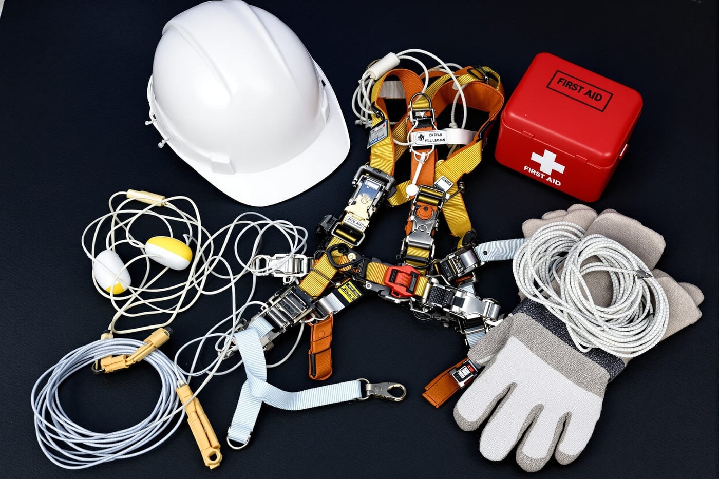 Hard hat, corded ear plugs, non-conductive harness, gloves and first aid box on an insulating mat