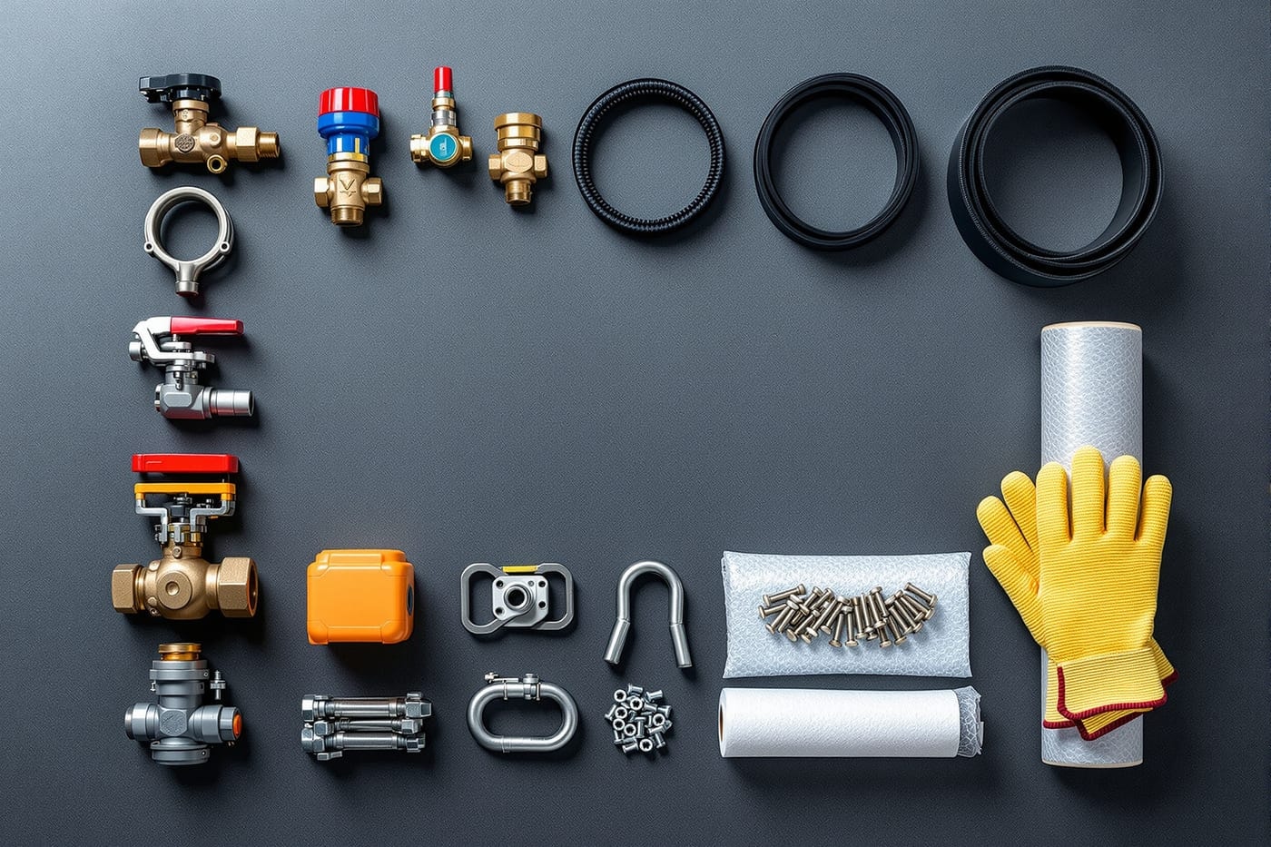 Overhead grid layout of valves, belts, shackles, gaskets, fasteners and packaging materials