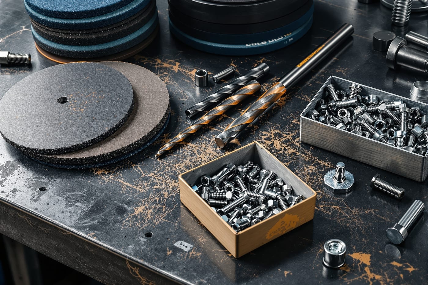 Cutting discs, carbide drills and stainless fasteners laid out on a steel workshop bench